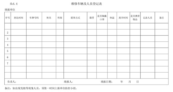 《汽車維修行業(yè)復(fù)工復(fù)產(chǎn)疫情防控應(yīng)用指南》發(fā)布 fk4.4 維修車輛及人員登記表
